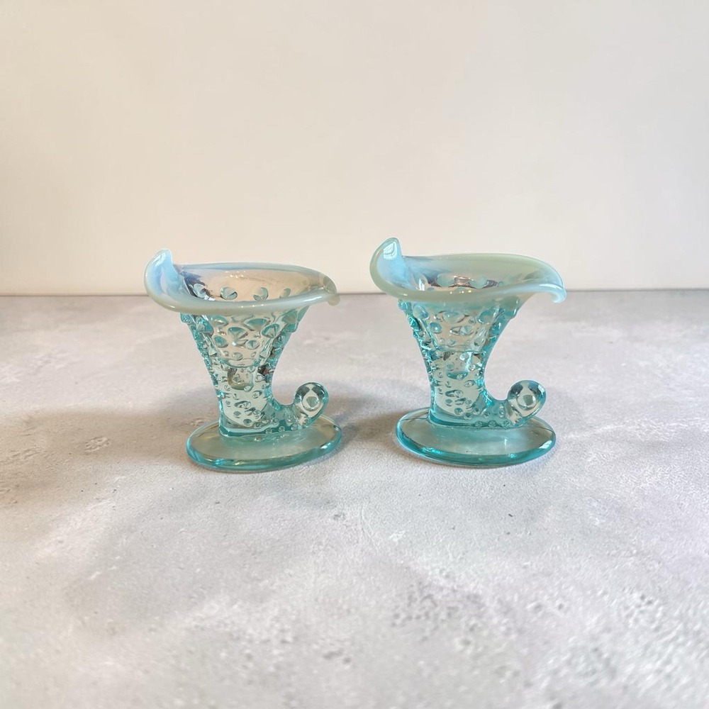 Pair of Fenton blue aqua hobnail small candlestick cornucopia #18